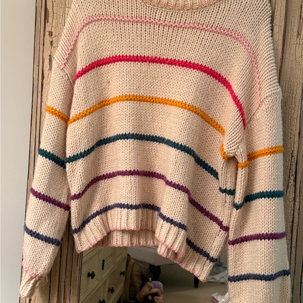 Debut Cream and Pink Crew Neck Sweater with Stripes